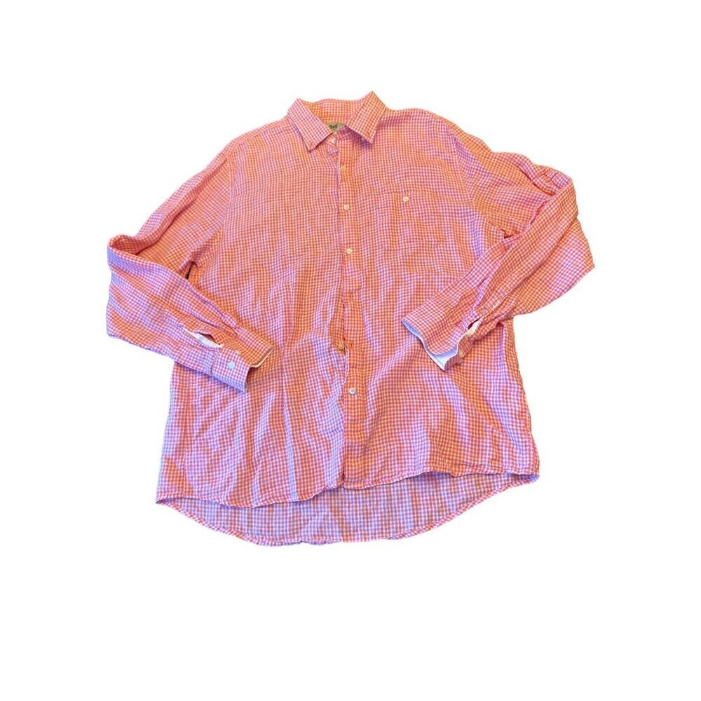 Hickey Freeman Mens Pink Gingham Checkered Button-Down Shirt XL 100% Linen